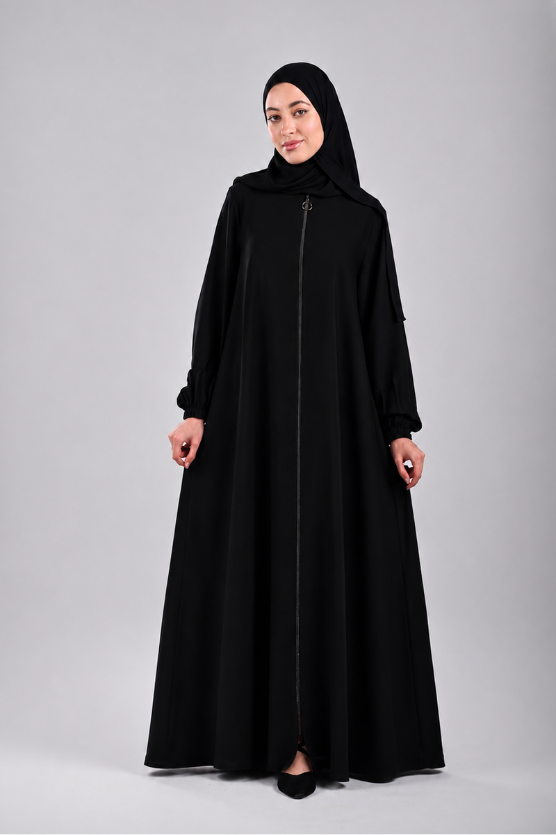 عباية كريب سوداء بسحاب أمامي نسائية